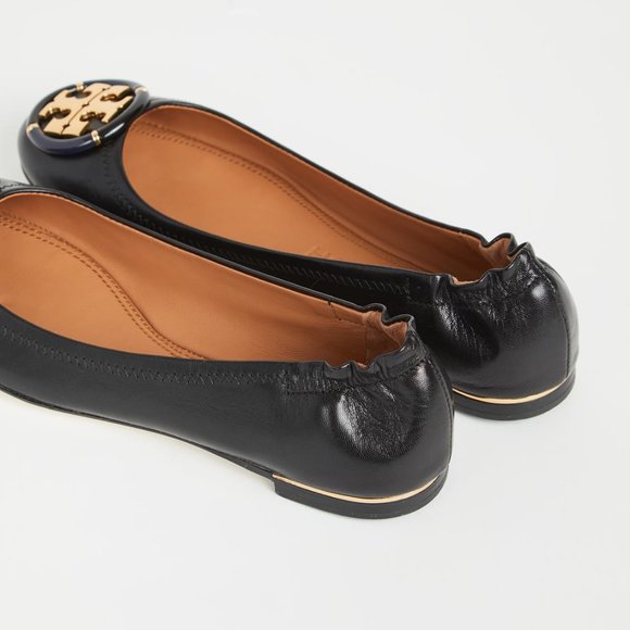 Tory Burch Enamel Logo Leather Ballet Flats Perfect Black Gold Heel Details - Picture 8 of 15
